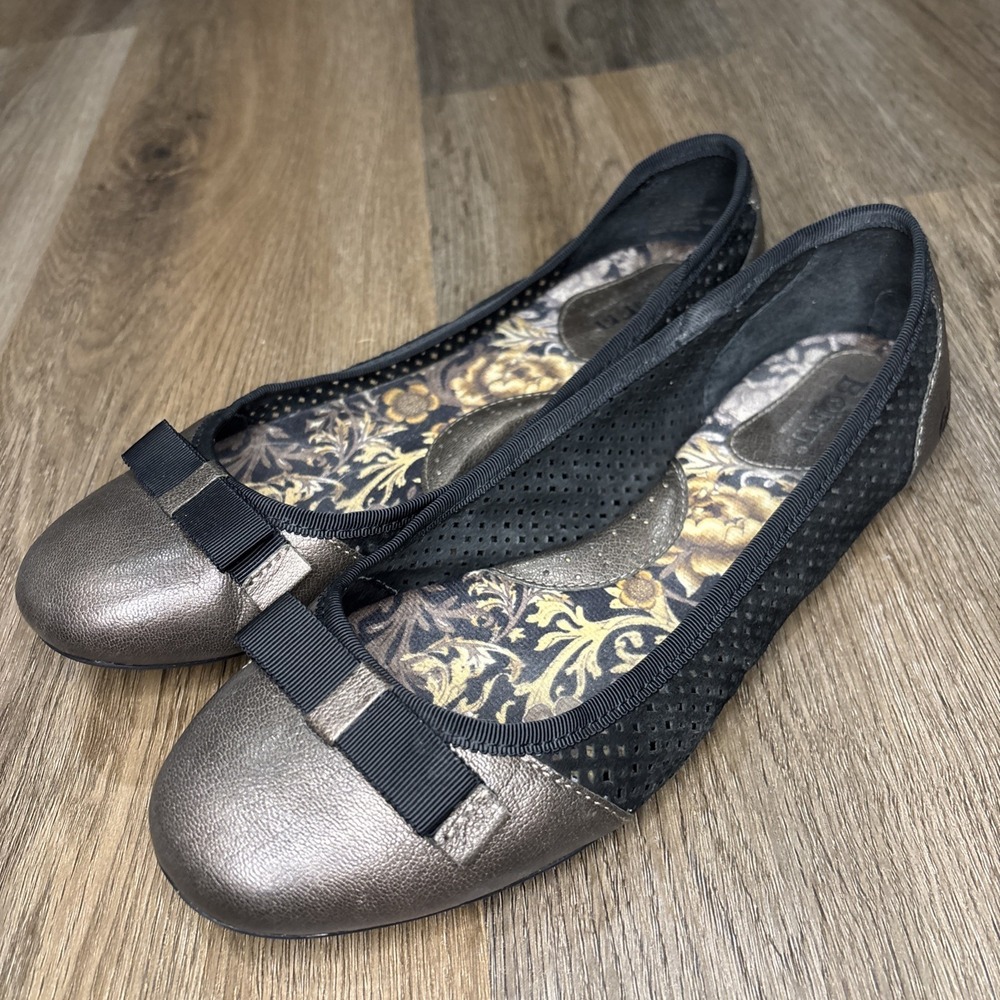 Born Womens Mardea Ballet Flat Size 9 Bronze Black Perf Suede Bow Slip On Shoe